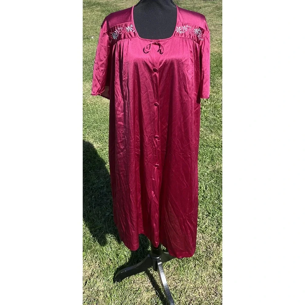 Vintage JCPenney Nightgown Robe Set Womens XXL Burgundy Embroidered Made USA 90s